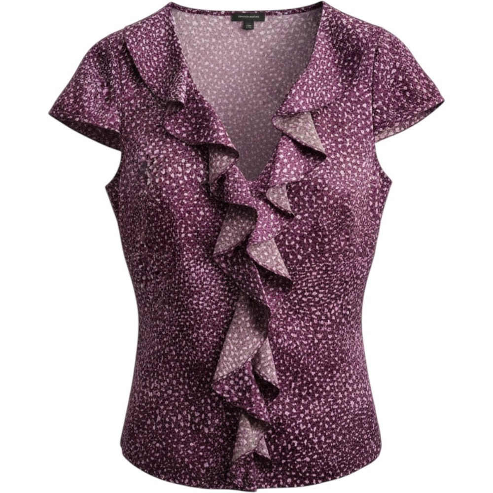 Ann Taylor Purple Abstract Dot Ruffle Front V-Neck Cap Sleeve Blouse Size 8